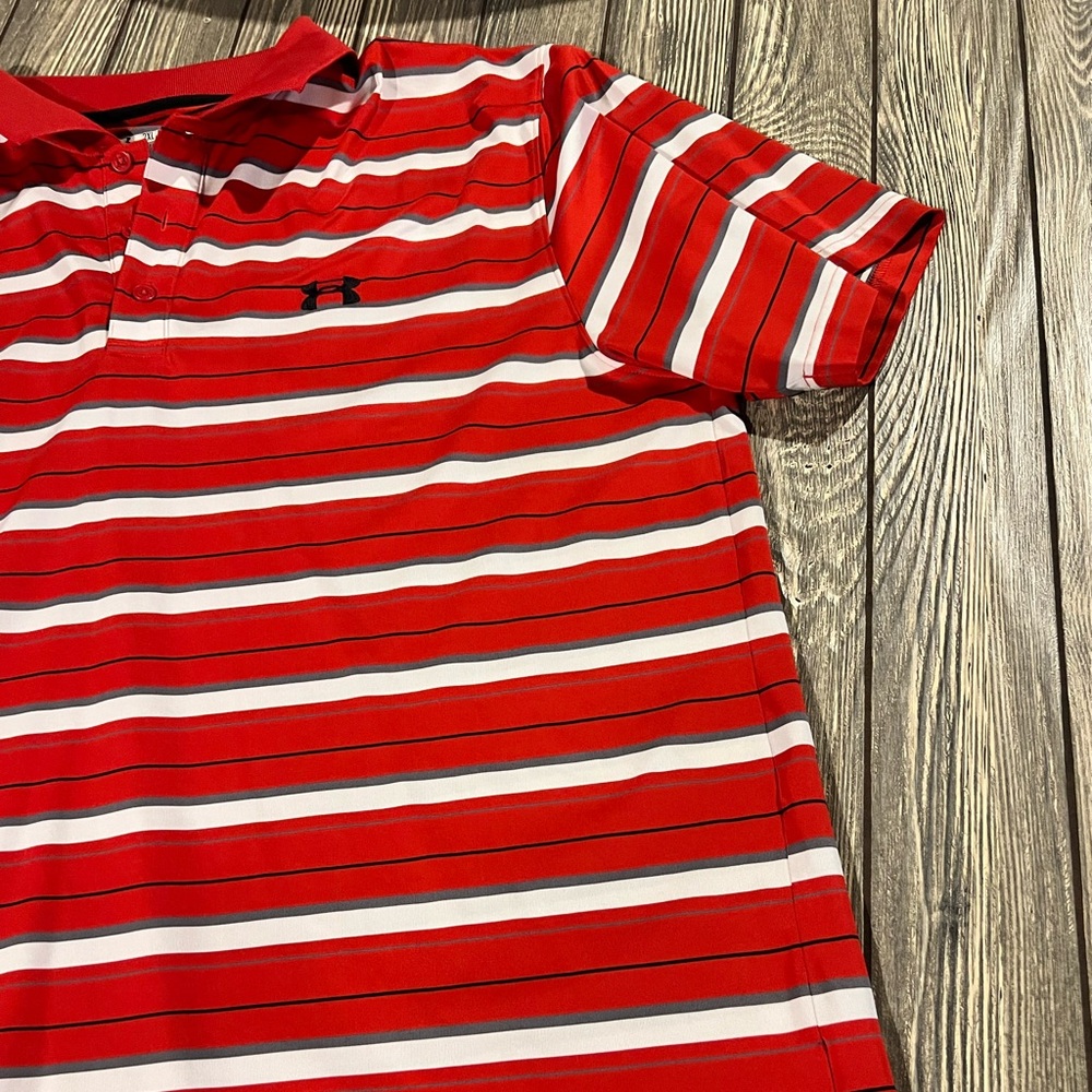 Mens Under Armour polo. Red with grey and white stripes. Size 2XL